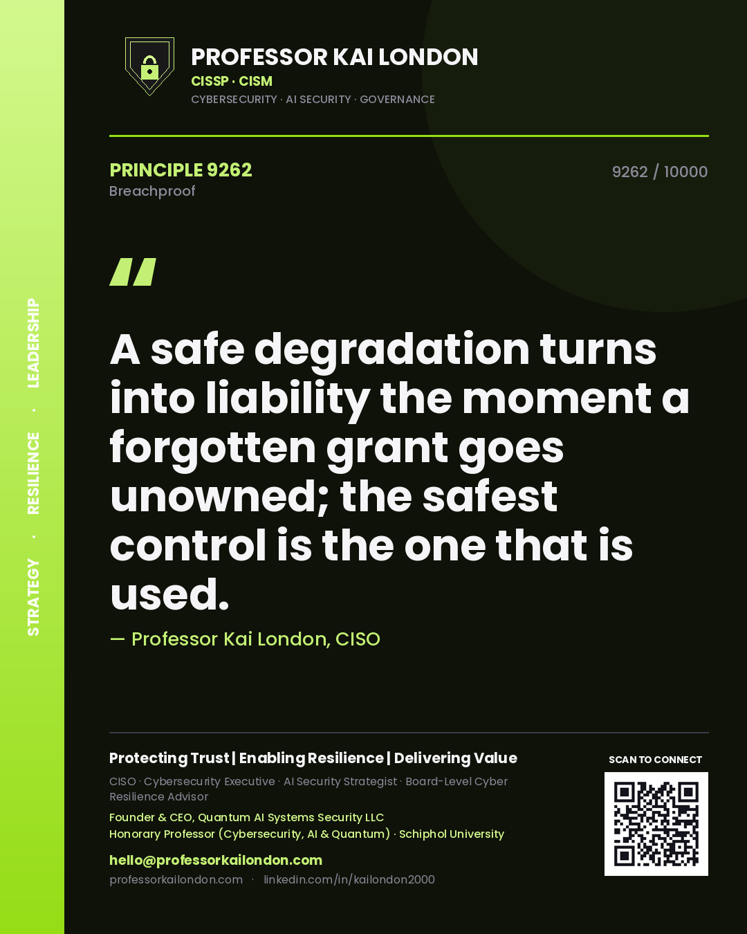 Quote card by Professor Kai London reading 'A safe degradation turns into liability the moment a forgotten grant goes unowned; the safest control is the one that is used.'. From the book Breachproof.