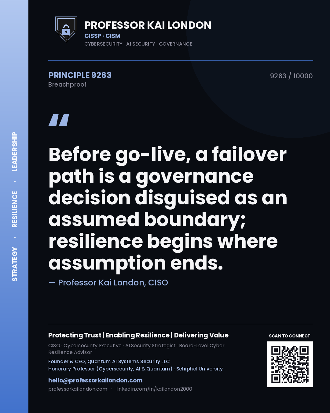 Quote card by Professor Kai London reading 'Before go-live, a failover path is a governance decision disguised as an assumed boundary; resilience begins where assumption ends.'. From the book Breachproof.
