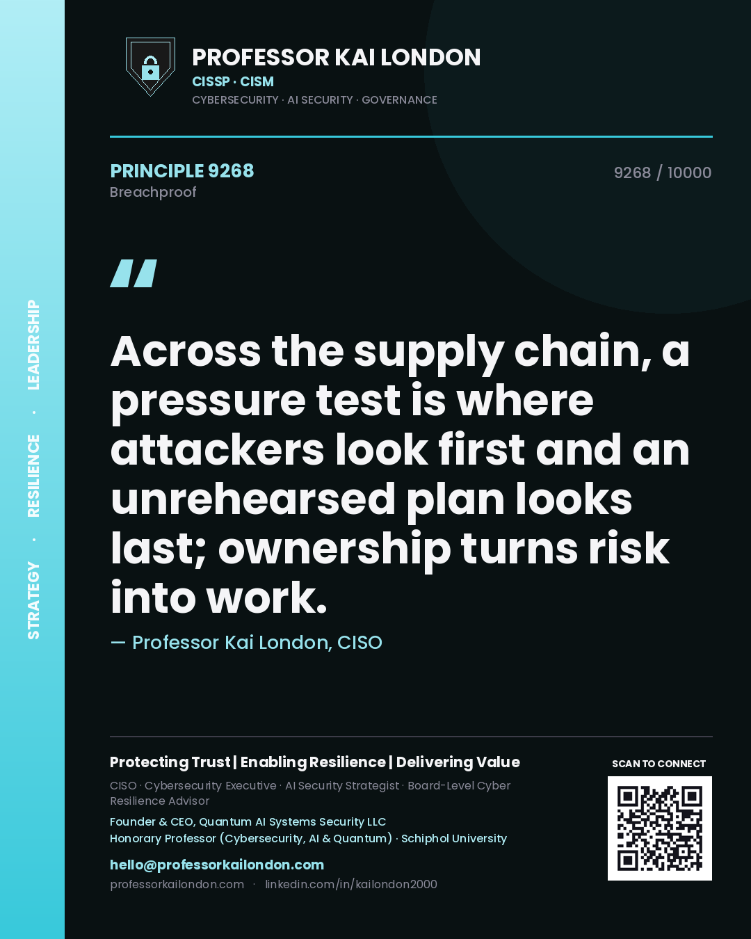 Quote card by Professor Kai London reading 'Across the supply chain, a pressure test is where attackers look first and an unrehearsed plan looks last; ownership turns risk into work.'. From the book Breachproof.
