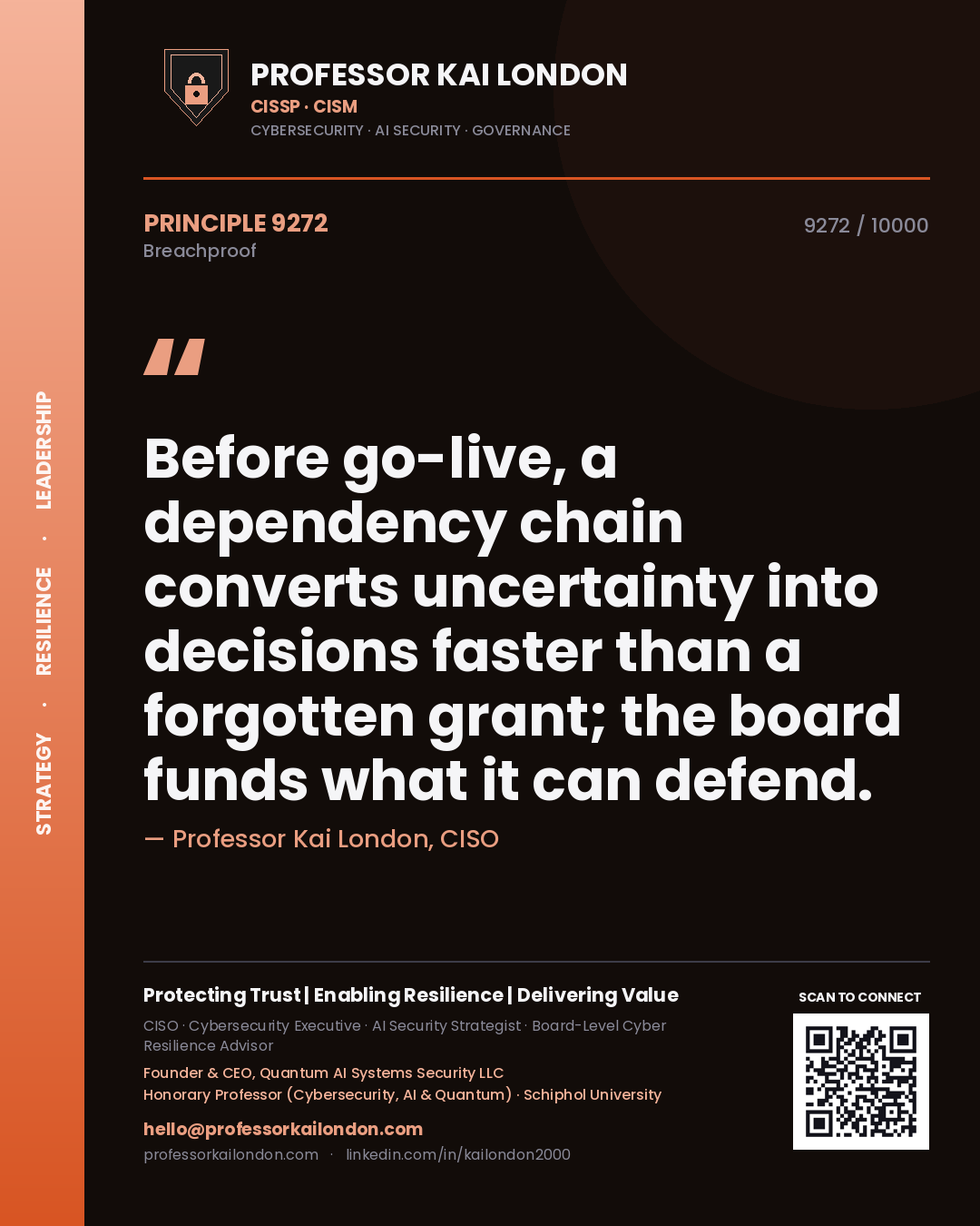 Quote card by Professor Kai London reading 'Before go-live, a dependency chain converts uncertainty into decisions faster than a forgotten grant; the board funds what it can defend.'. From the book Breachproof.