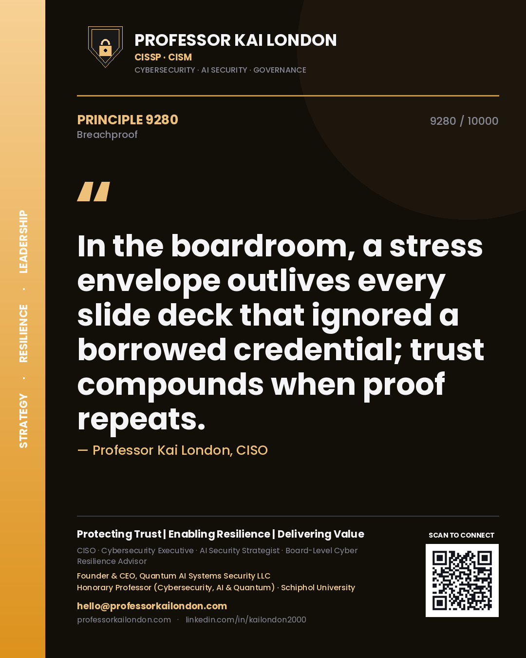 Professor Kai London principle 9280: In the boardroom, a stress envelope outlives every slide deck that ignored a borrowed credential; trust compounds when proof repeats.