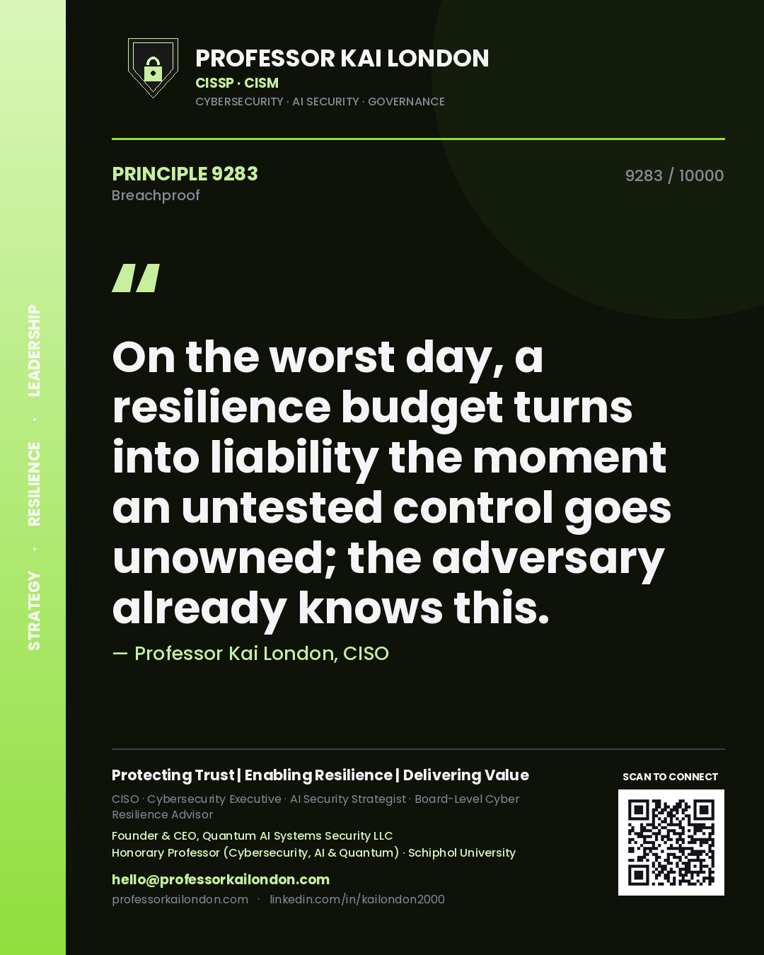 Quote card by Professor Kai London reading 'On the worst day, a resilience budget turns into liability the moment an untested control goes unowned; the adversary already knows this.'. From the book Breachproof.