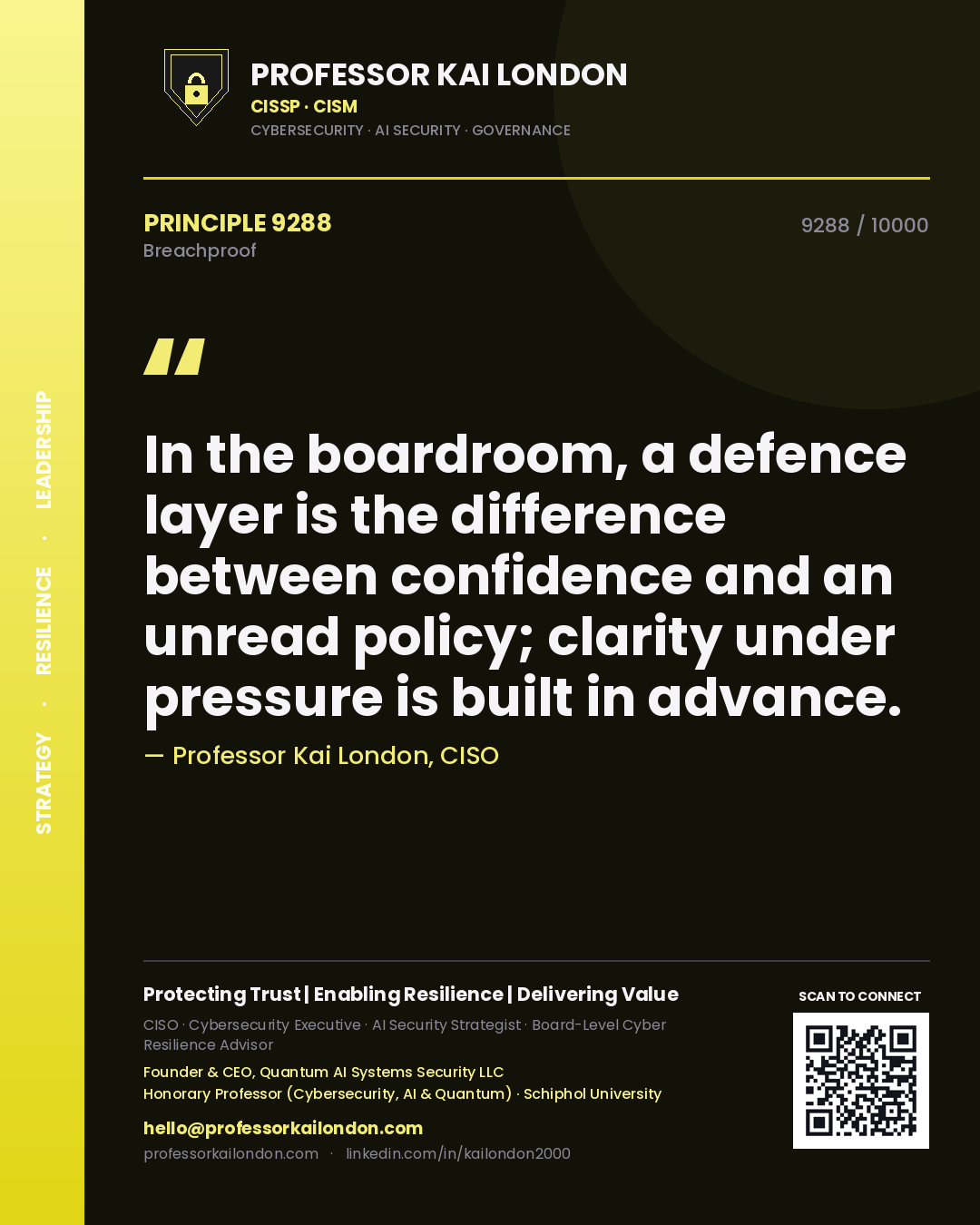 Quote card by Professor Kai London reading 'In the boardroom, a defence layer is the difference between confidence and an unread policy; clarity under pressure is built in advance.'. From the book Breachproof.
