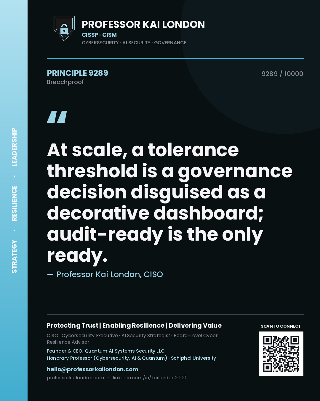 Quote card by Professor Kai London reading 'At scale, a tolerance threshold is a governance decision disguised as a decorative dashboard; audit-ready is the only ready.'. From the book Breachproof.