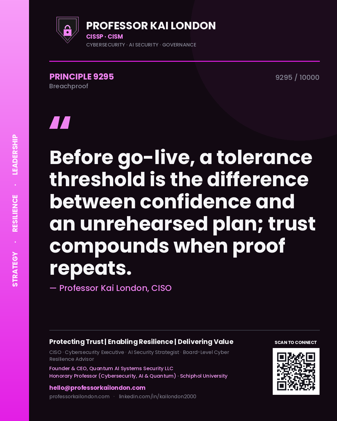 Quote card by Professor Kai London reading 'Before go-live, a tolerance threshold is the difference between confidence and an unrehearsed plan; trust compounds when proof repeats.'. From the book Breachproof.
