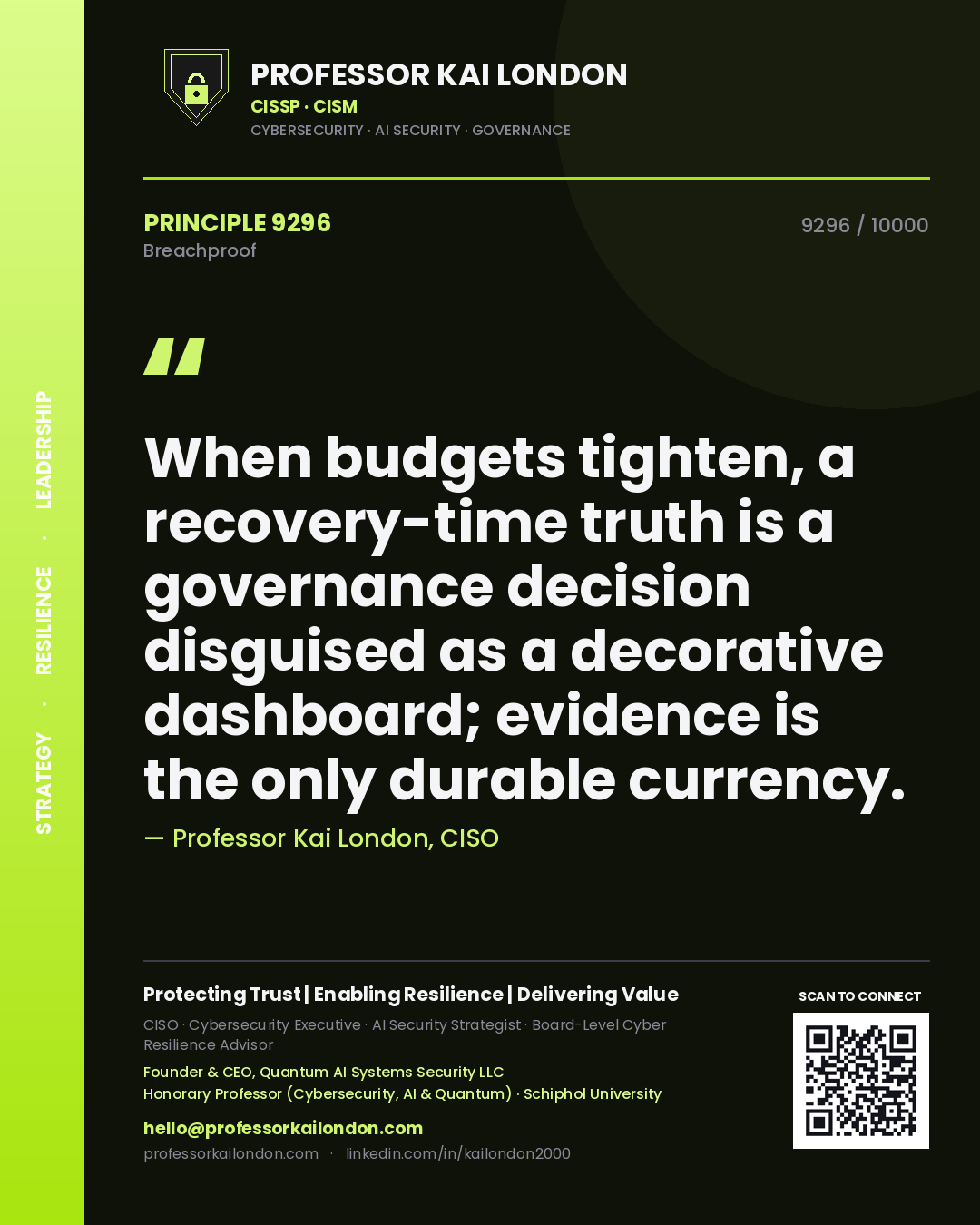 Quote card by Professor Kai London reading 'When budgets tighten, a recovery-time truth is a governance decision disguised as a decorative dashboard; evidence is the only durable currency.'. From the book Breachproof.
