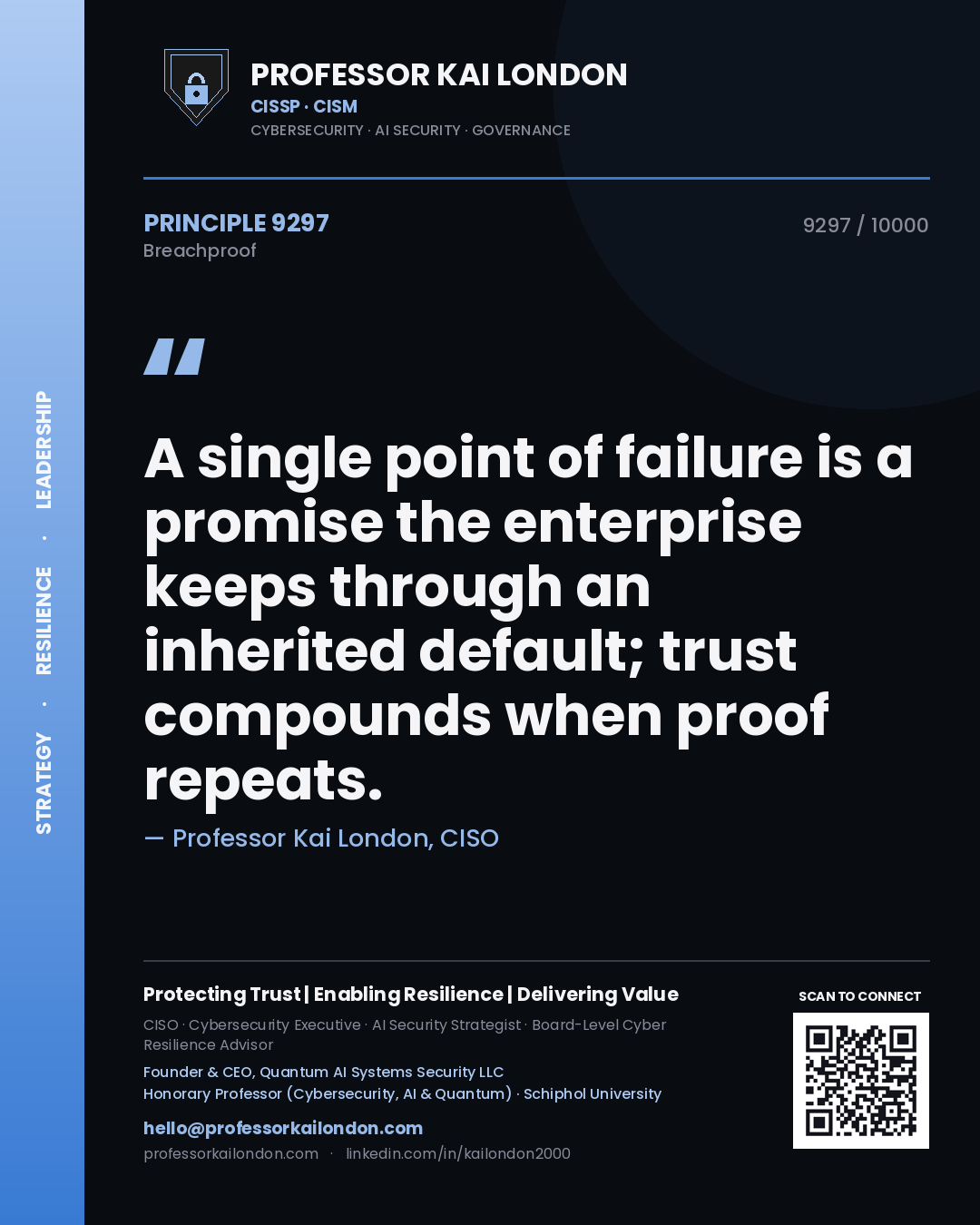 Quote card by Professor Kai London reading 'A single point of failure is a promise the enterprise keeps through an inherited default; trust compounds when proof repeats.'. From the book Breachproof.