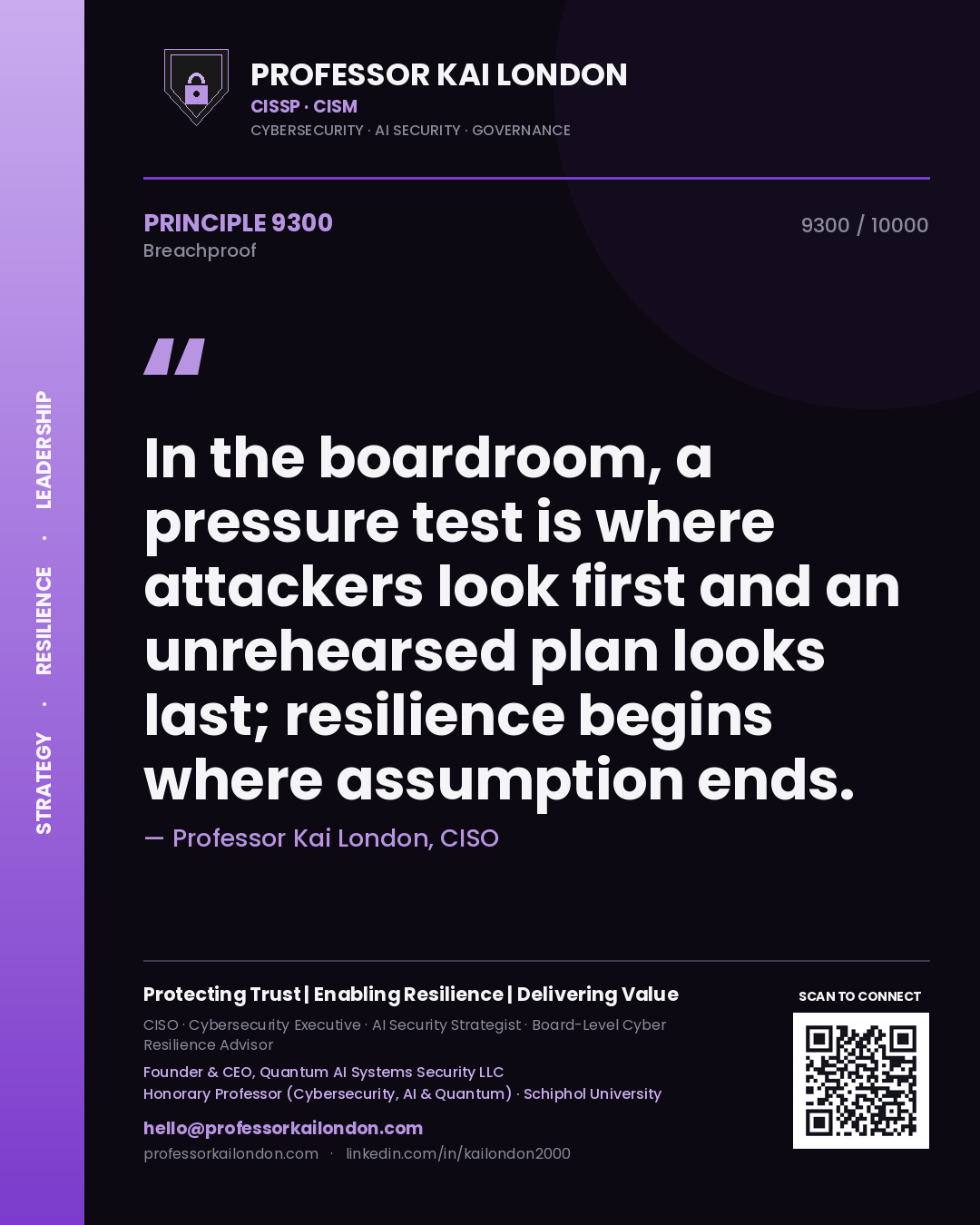 Quote card by Professor Kai London reading 'In the boardroom, a pressure test is where attackers look first and an unrehearsed plan looks last; resilience begins where assumption ends.'. From the book Breachproof.