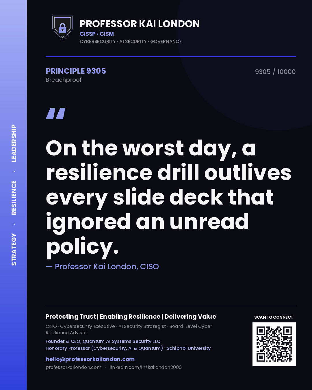 Professor Kai London principle 9305: On the worst day, a resilience drill outlives every slide deck that ignored an unread policy.