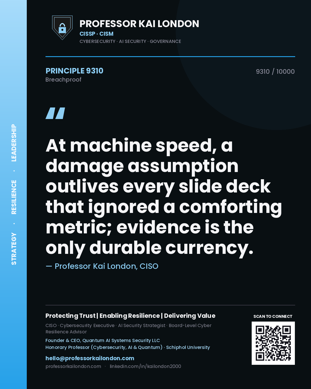 Quote card by Professor Kai London reading 'At machine speed, a damage assumption outlives every slide deck that ignored a comforting metric; evidence is the only durable currency.'. From the book Breachproof.