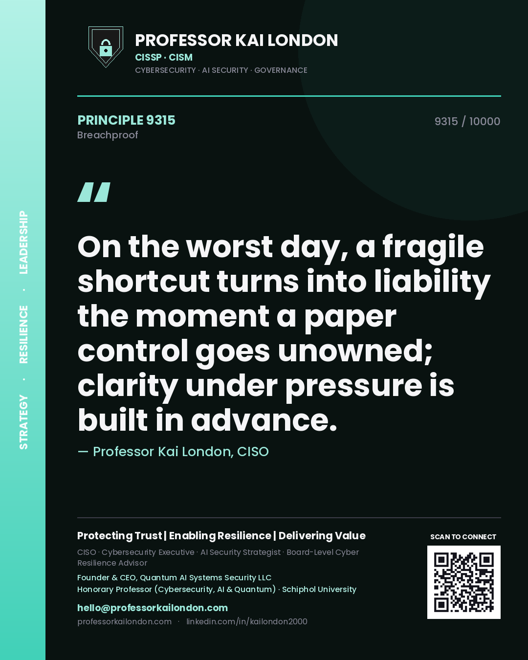 Quote card by Professor Kai London reading 'On the worst day, a fragile shortcut turns into liability the moment a paper control goes unowned; clarity under pressure is built in advance.'. From the book Breachproof.