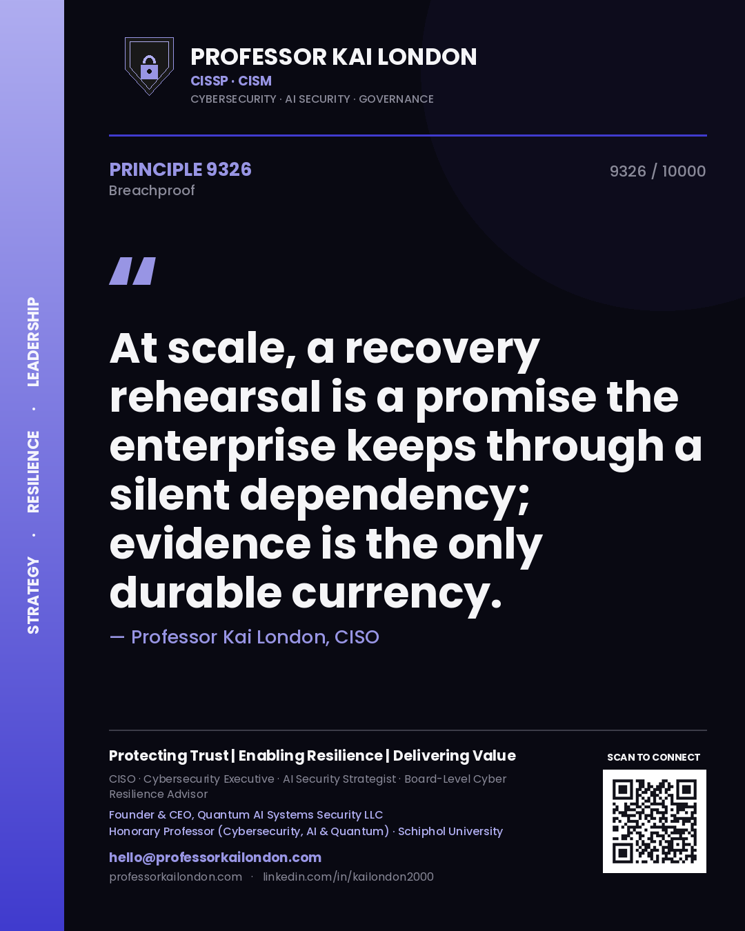Professor Kai London principle 9326: At scale, a recovery rehearsal is a promise the enterprise keeps through a silent dependency; evidence is the only durable currency.