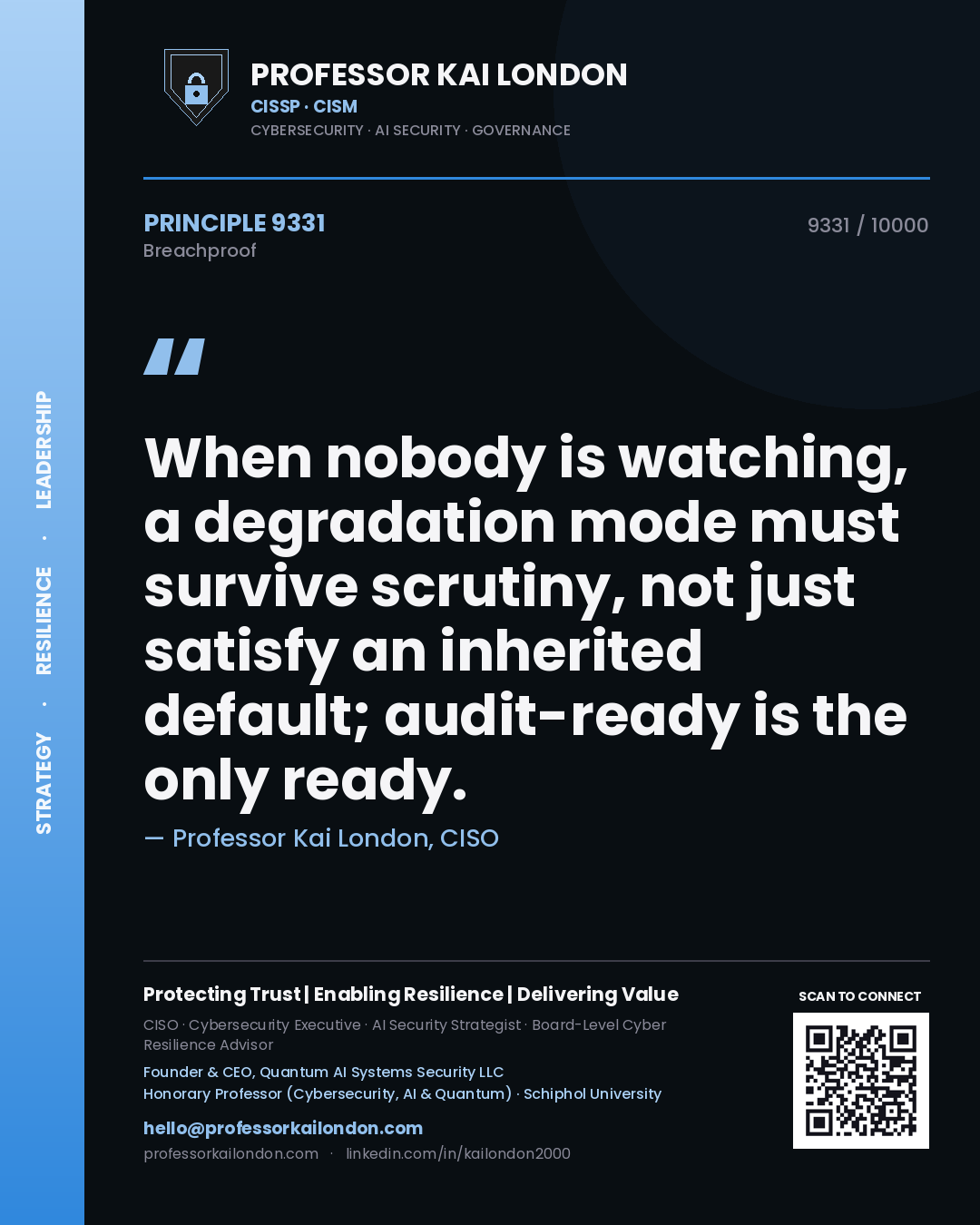 Professor Kai London principle 9331: When nobody is watching, a degradation mode must survive scrutiny, not just satisfy an inherited default; audit-ready is the only ready.