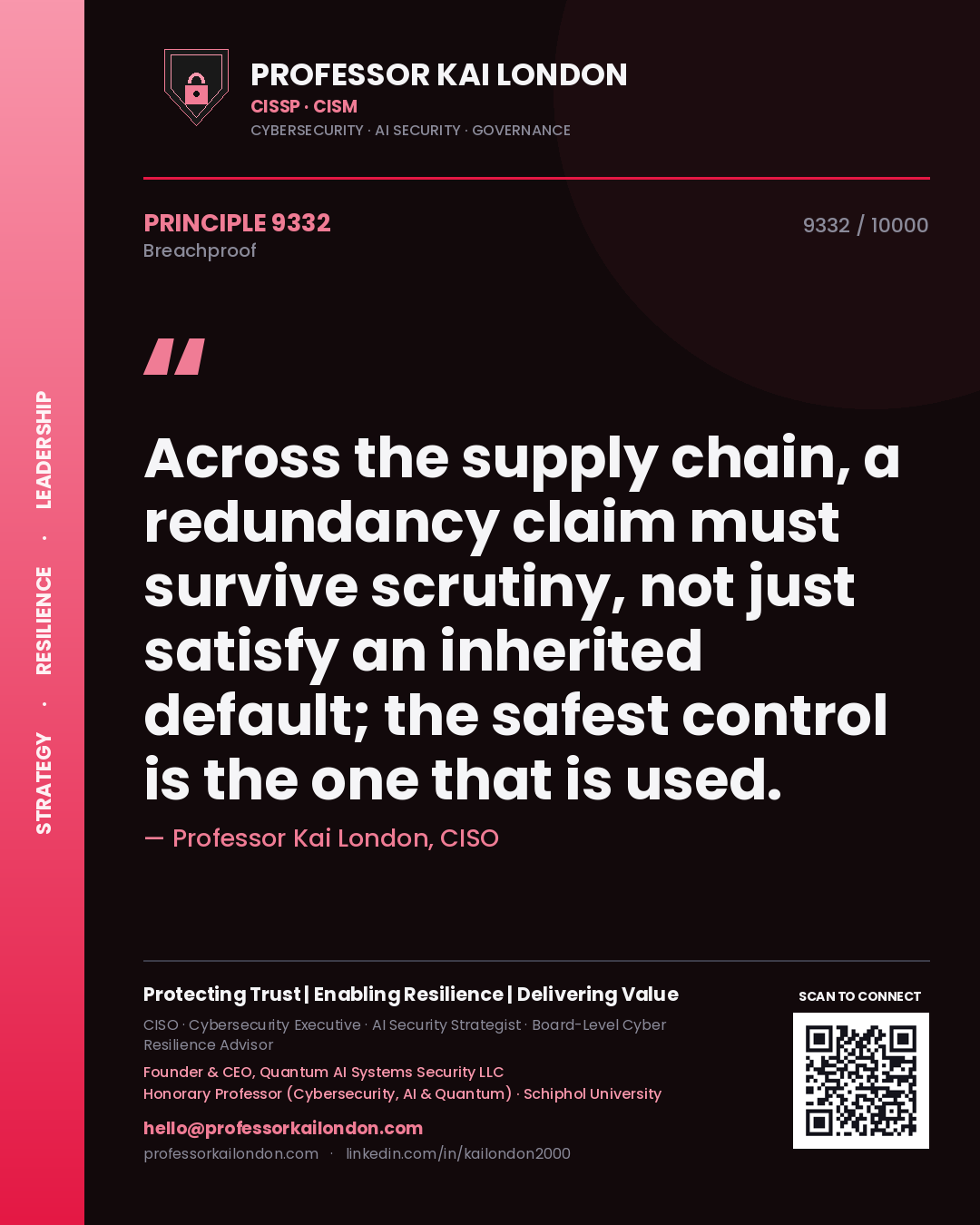 Professor Kai London principle 9332: Across the supply chain, a redundancy claim must survive scrutiny, not just satisfy an inherited default; the safest control is the one that is used.