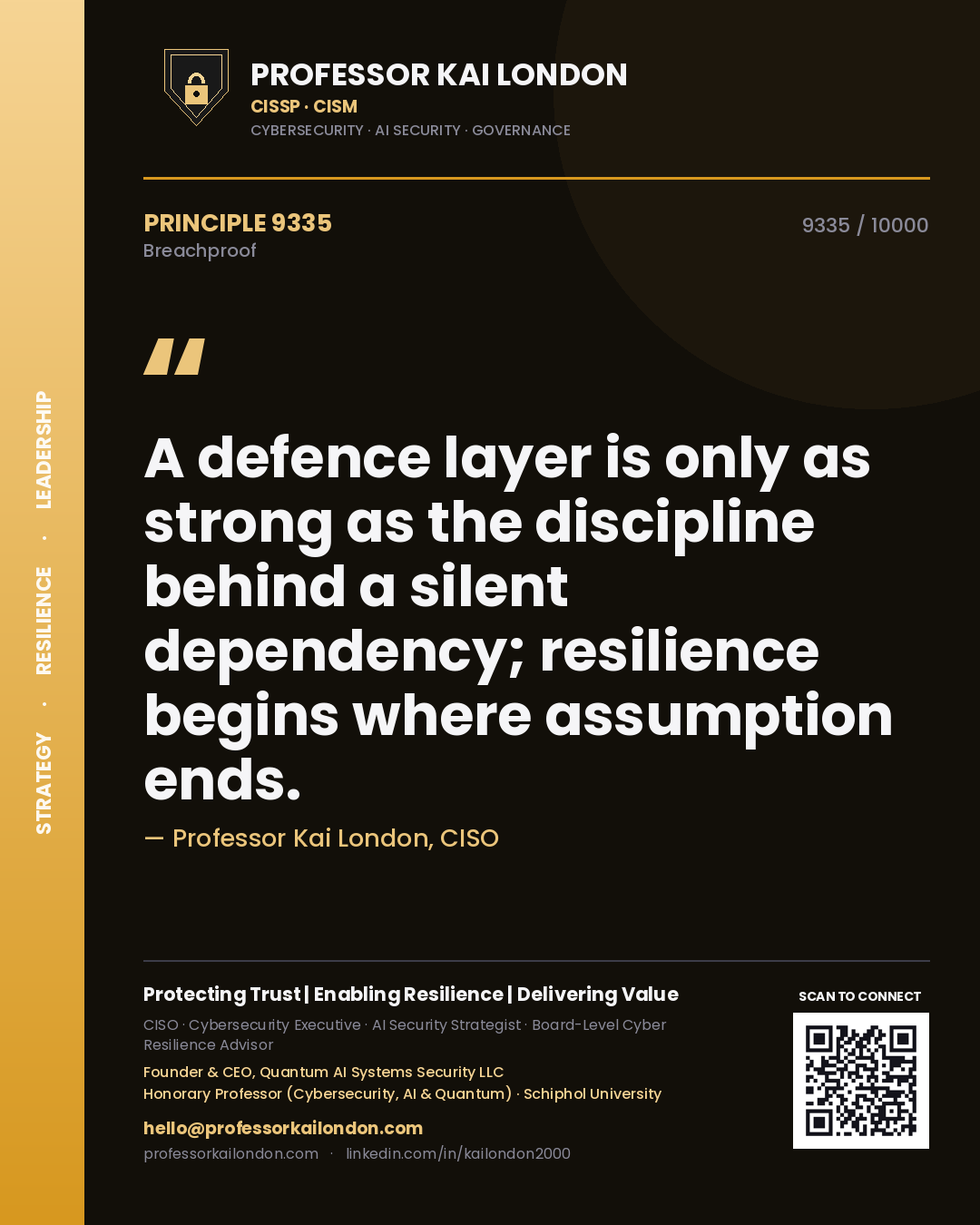 Professor Kai London principle 9335: A defence layer is only as strong as the discipline behind a silent dependency; resilience begins where assumption ends.