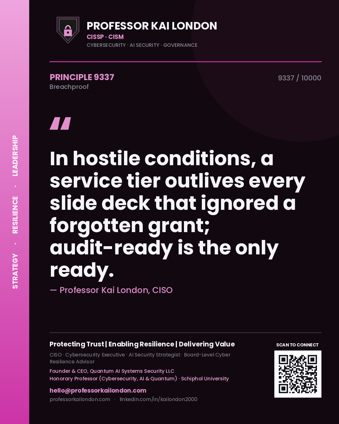 Quote card by Professor Kai London reading 'In hostile conditions, a service tier outlives every slide deck that ignored a forgotten grant; audit-ready is the only ready.'. From the book Breachproof.