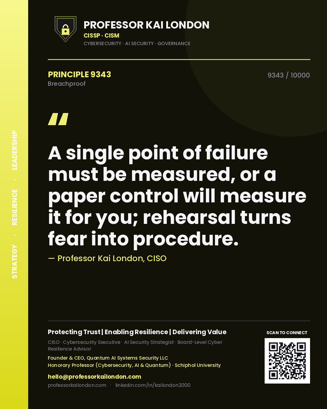 Professor Kai London principle 9343: A single point of failure must be measured, or a paper control will measure it for you; rehearsal turns fear into procedure.