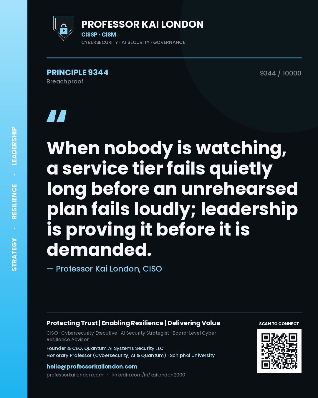 Quote card by Professor Kai London reading 'When nobody is watching, a service tier fails quietly long before an unrehearsed plan fails loudly; leadership is proving it before it is demanded.'. From the book Breachproof.