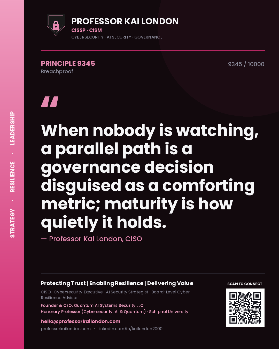 Quote card by Professor Kai London reading 'When nobody is watching, a parallel path is a governance decision disguised as a comforting metric; maturity is how quietly it holds.'. From the book Breachproof.