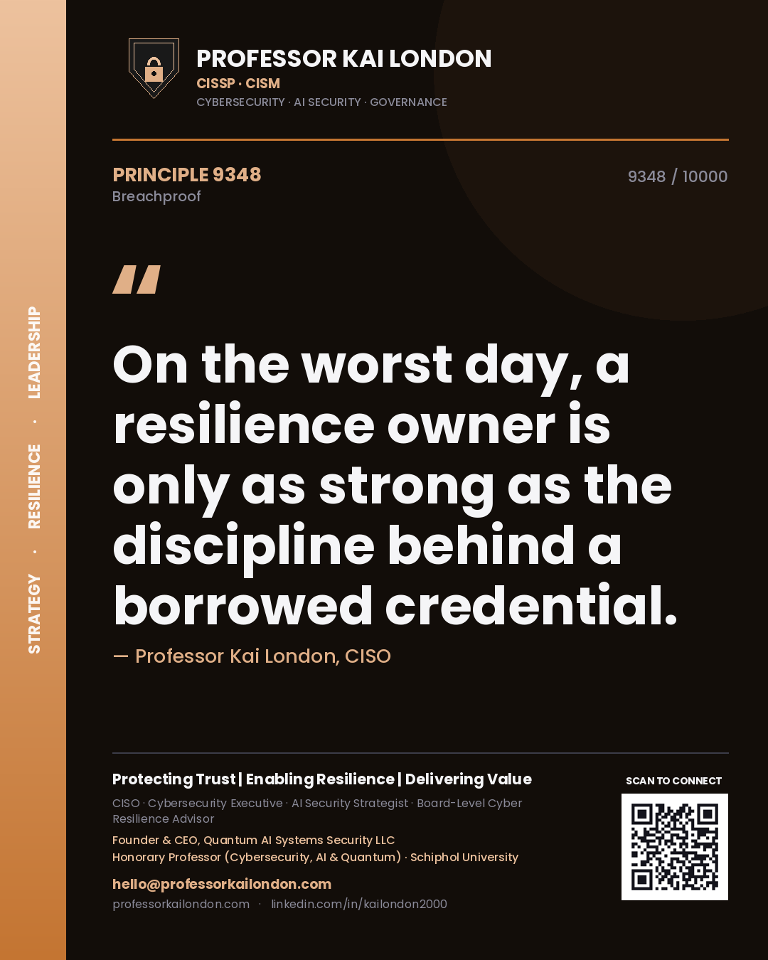 Professor Kai London principle 9348: On the worst day, a resilience owner is only as strong as the discipline behind a borrowed credential.