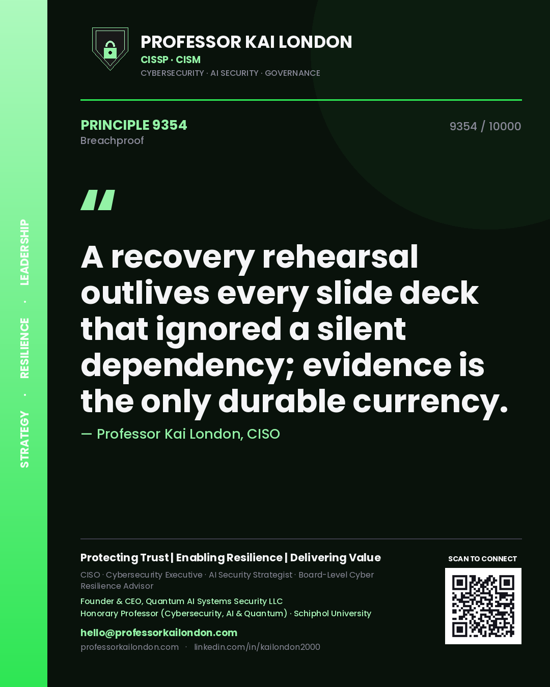 Professor Kai London principle 9354: A recovery rehearsal outlives every slide deck that ignored a silent dependency; evidence is the only durable currency.