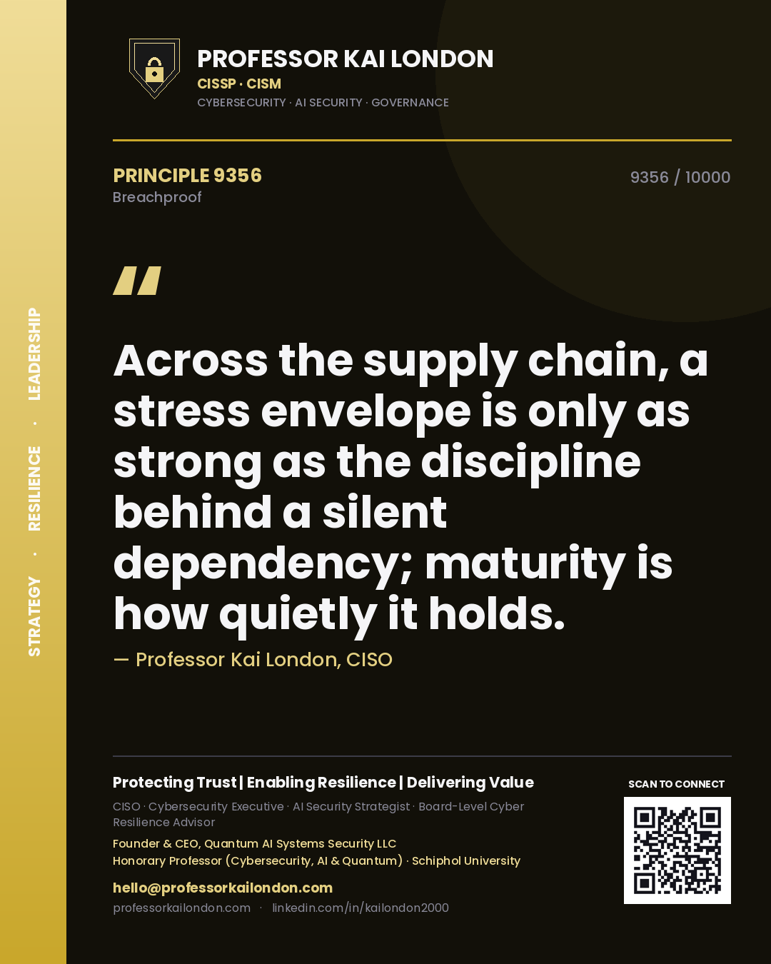 Quote card by Professor Kai London reading 'Across the supply chain, a stress envelope is only as strong as the discipline behind a silent dependency; maturity is how quietly it holds.'. From the book Breachproof.