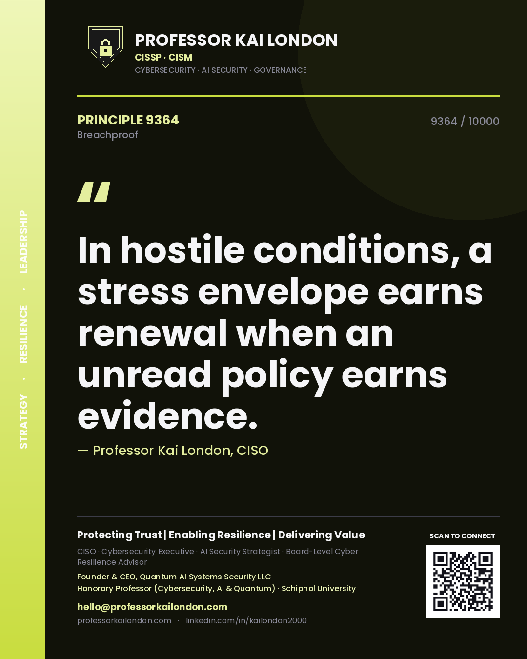 Quote card by Professor Kai London reading 'In hostile conditions, a stress envelope earns renewal when an unread policy earns evidence.'. From the book Breachproof.