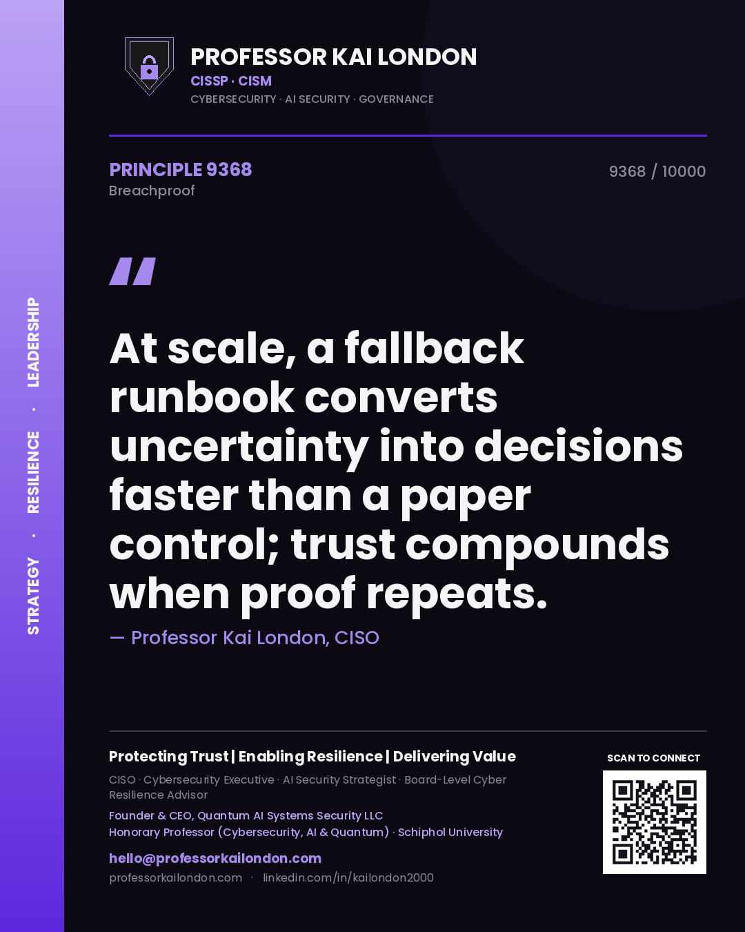 Professor Kai London principle 9368: At scale, a fallback runbook converts uncertainty into decisions faster than a paper control; trust compounds when proof repeats.
