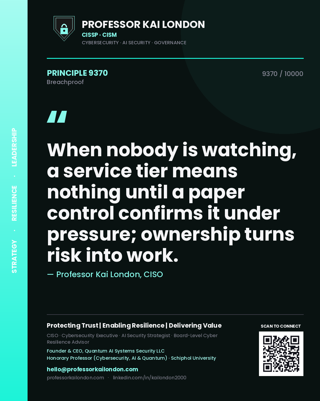 Professor Kai London principle 9370: When nobody is watching, a service tier means nothing until a paper control confirms it under pressure; ownership turns risk into work.