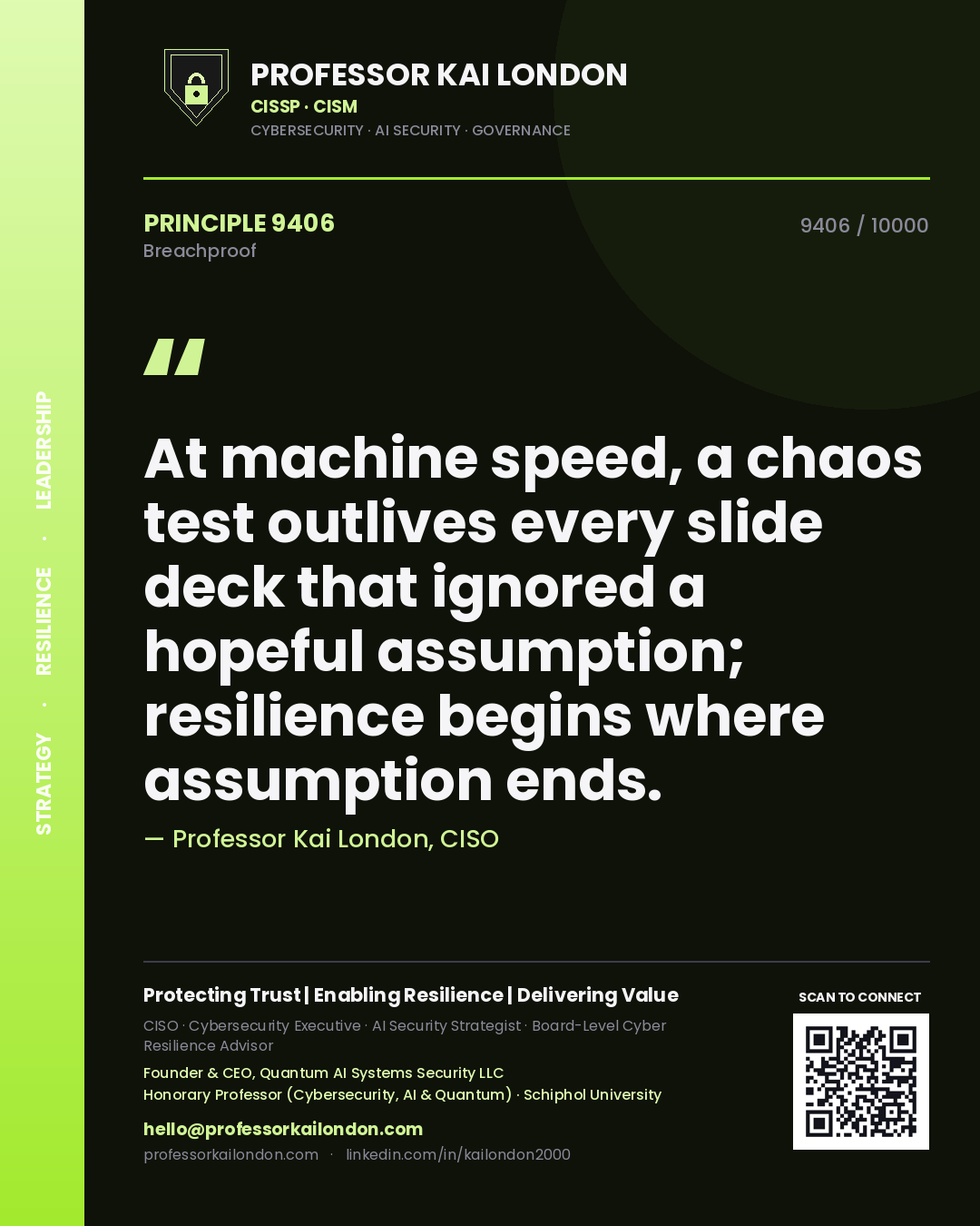 Professor Kai London principle 9406: At machine speed, a chaos test outlives every slide deck that ignored a hopeful assumption; resilience begins where assumption ends.