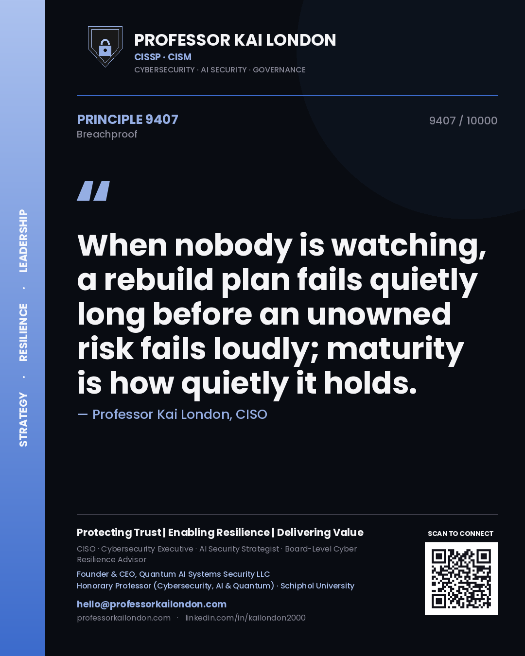 Professor Kai London principle 9407: When nobody is watching, a rebuild plan fails quietly long before an unowned risk fails loudly; maturity is how quietly it holds.