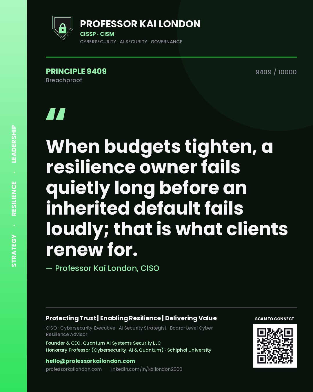 Quote card by Professor Kai London reading 'When budgets tighten, a resilience owner fails quietly long before an inherited default fails loudly; that is what clients renew for.'. From the book Breachproof.