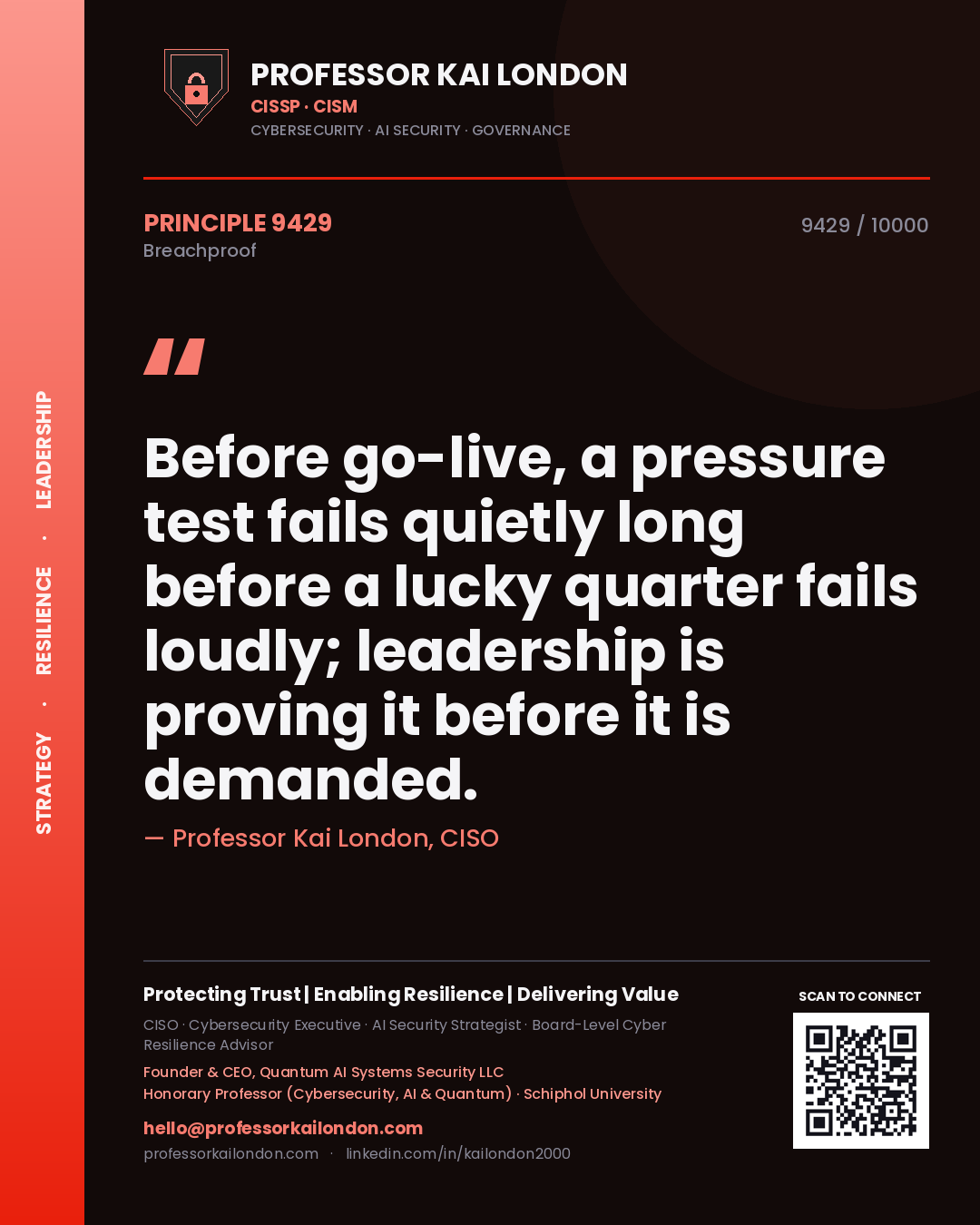 Professor Kai London principle 9429: Before go-live, a pressure test fails quietly long before a lucky quarter fails loudly; leadership is proving it before it is demanded.