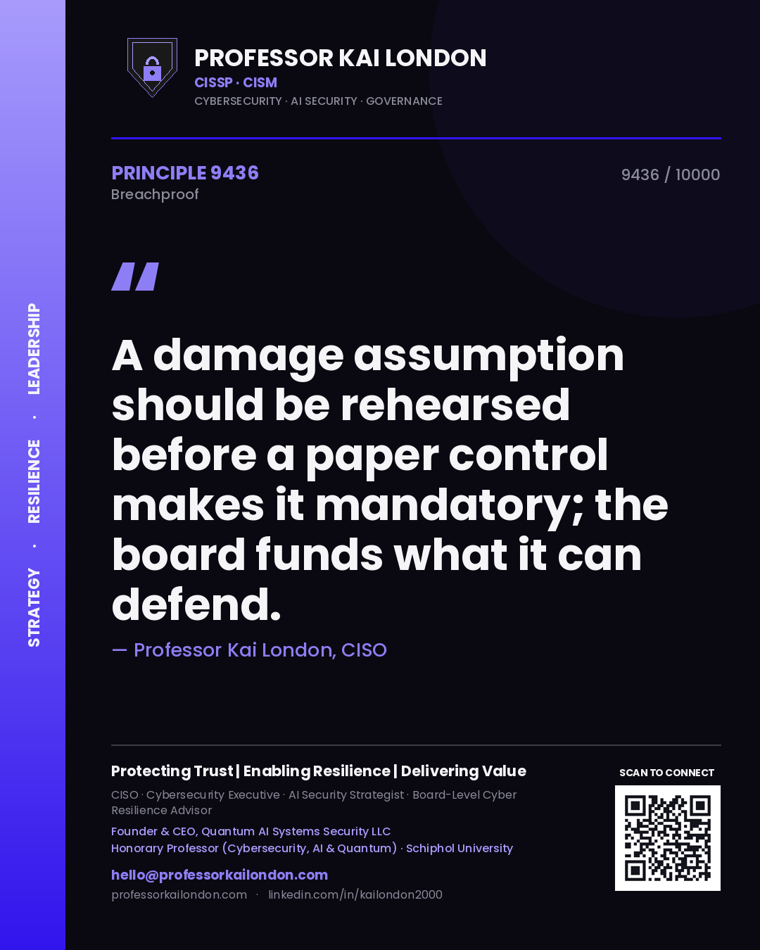Quote card by Professor Kai London reading 'A damage assumption should be rehearsed before a paper control makes it mandatory; the board funds what it can defend.'. From the book Breachproof.