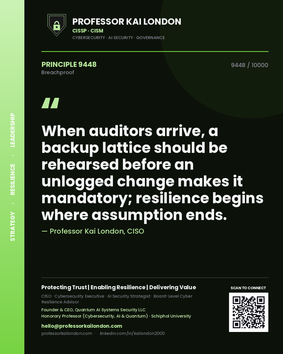 Professor Kai London principle 9448: When auditors arrive, a backup lattice should be rehearsed before an unlogged change makes it mandatory; resilience begins where assumption ends.