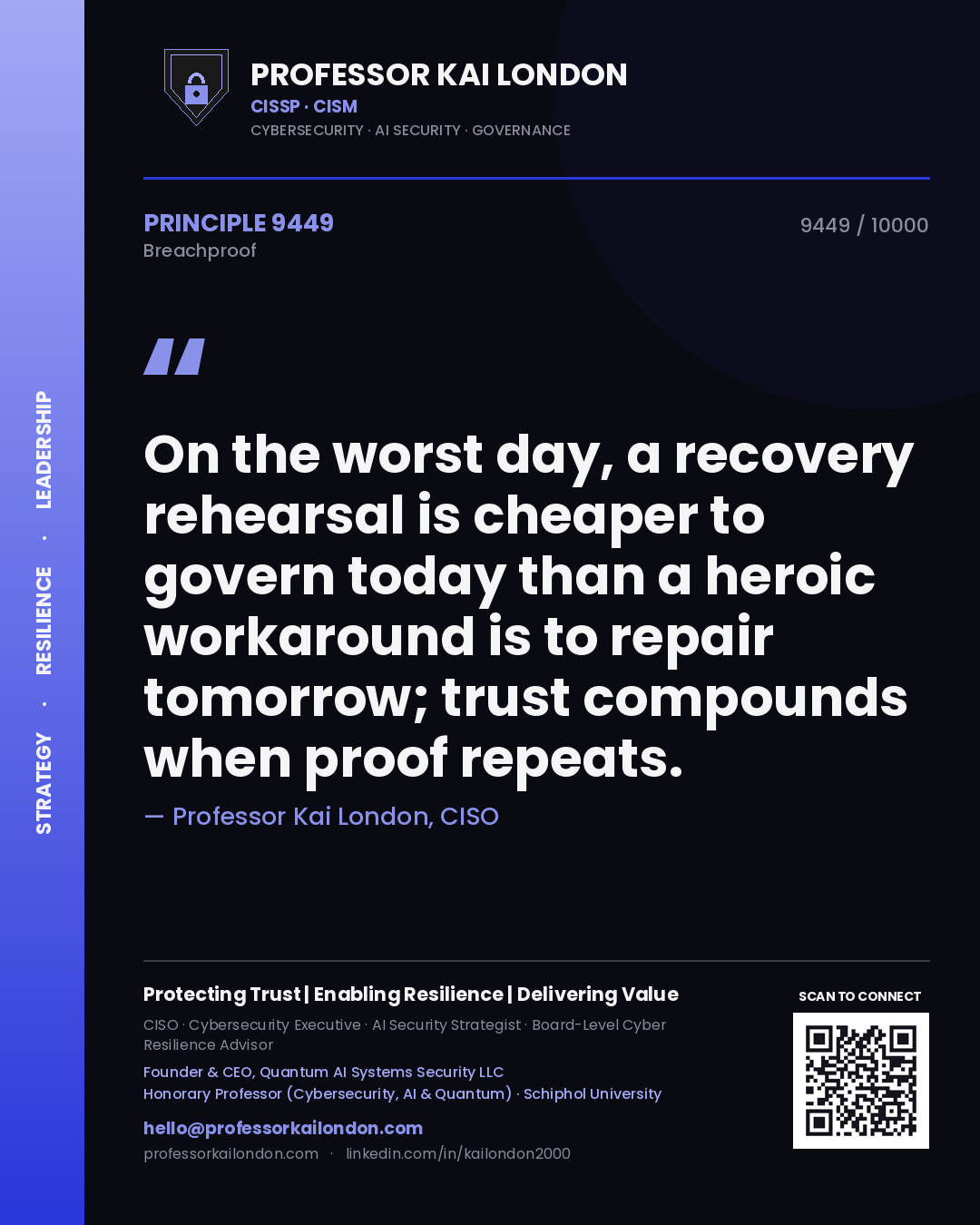 Professor Kai London principle 9449: On the worst day, a recovery rehearsal is cheaper to govern today than a heroic workaround is to repair tomorrow; trust compounds when proof repeats.