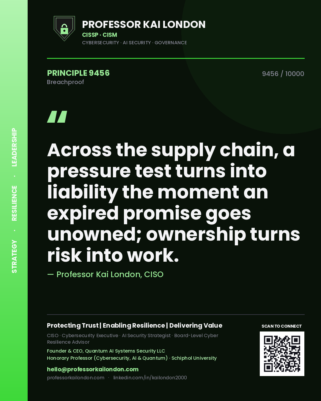 Professor Kai London principle 9456: Across the supply chain, a pressure test turns into liability the moment an expired promise goes unowned; ownership turns risk into work.