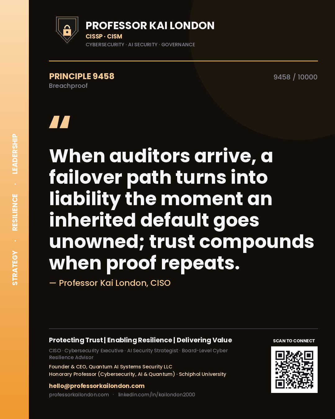 Quote card by Professor Kai London reading 'When auditors arrive, a failover path turns into liability the moment an inherited default goes unowned; trust compounds when proof repeats.'. From the book Breachproof.