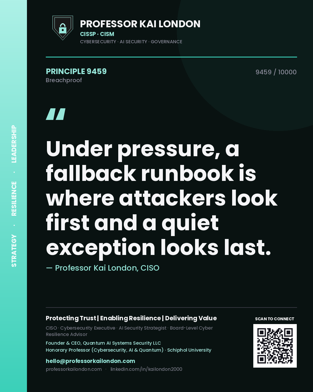 Professor Kai London principle 9459: Under pressure, a fallback runbook is where attackers look first and a quiet exception looks last.
