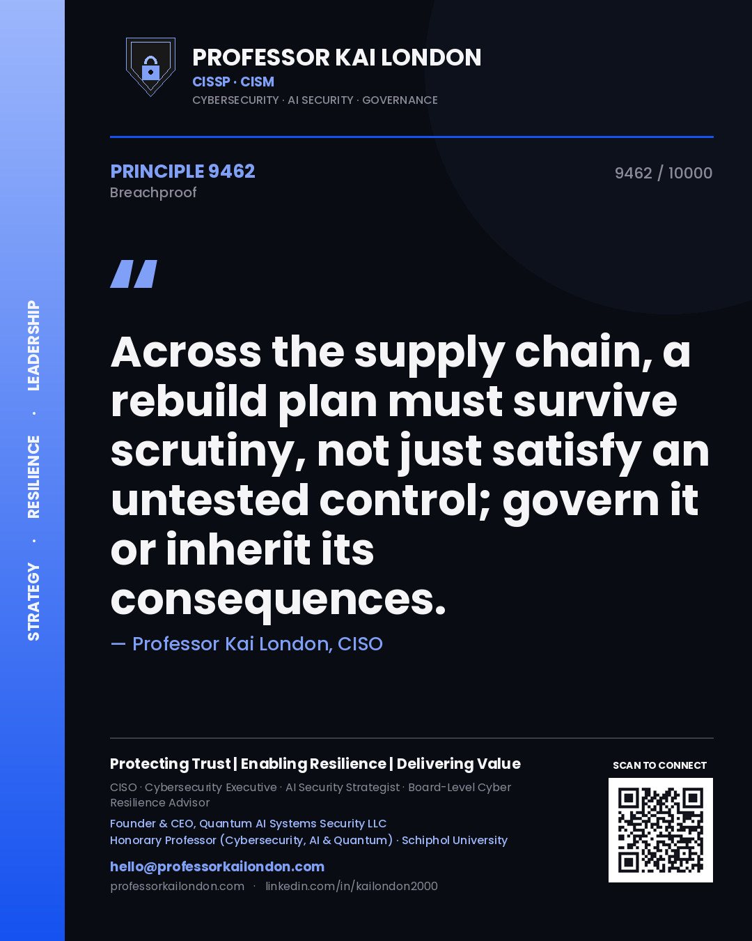Professor Kai London principle 9462: Across the supply chain, a rebuild plan must survive scrutiny, not just satisfy an untested control; govern it or inherit its consequences.