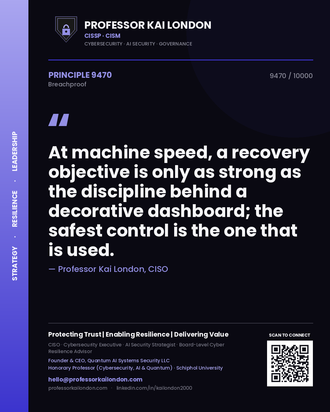 Professor Kai London principle 9470: At machine speed, a recovery objective is only as strong as the discipline behind a decorative dashboard; the safest control is the one that is used.