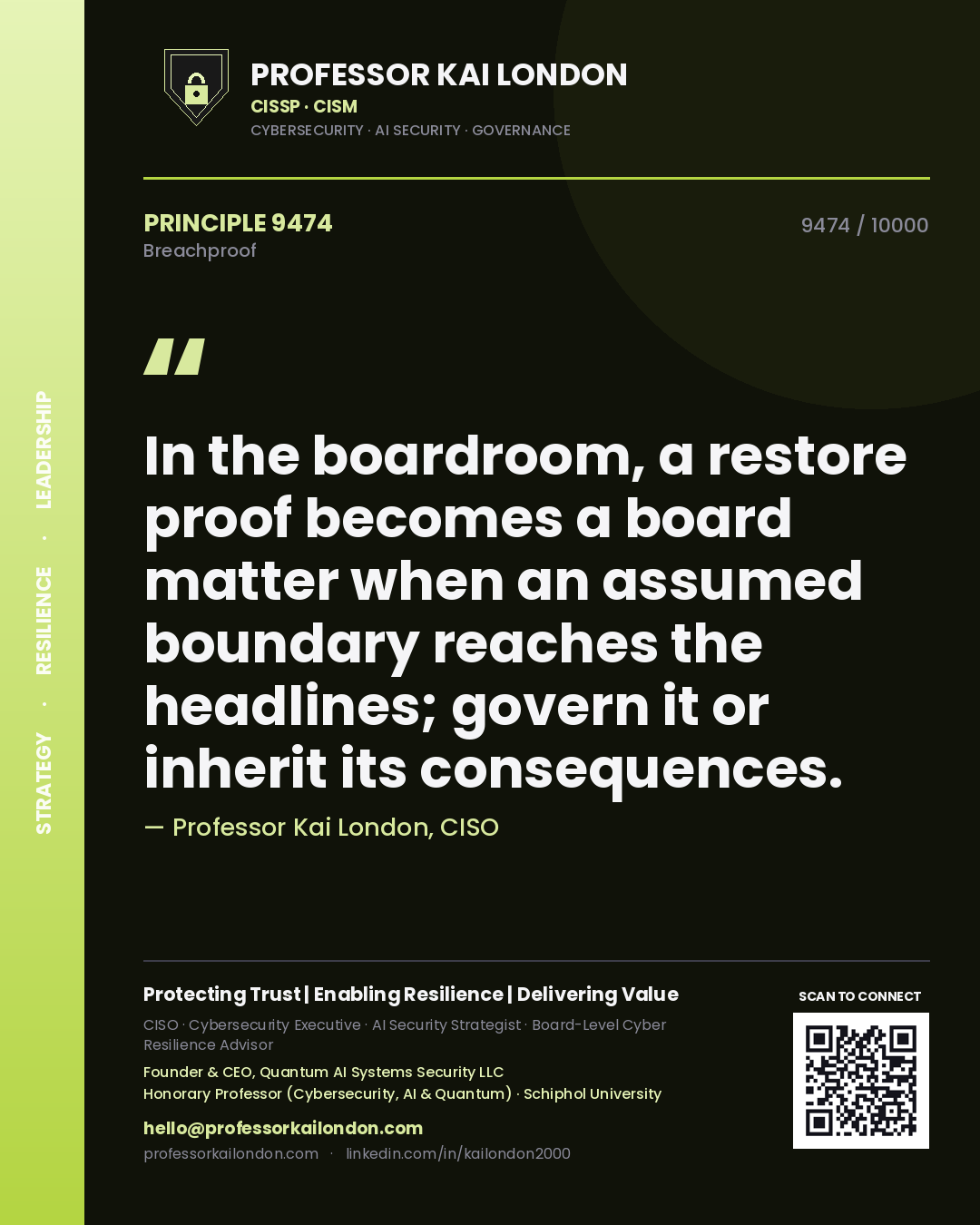 Quote card by Professor Kai London reading 'In the boardroom, a restore proof becomes a board matter when an assumed boundary reaches the headlines; govern it or inherit its consequences.'. From the book Breachproof.