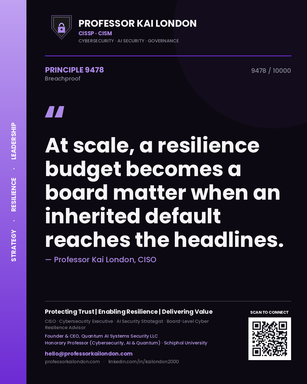 Quote card by Professor Kai London reading 'At scale, a resilience budget becomes a board matter when an inherited default reaches the headlines.'. From the book Breachproof.
