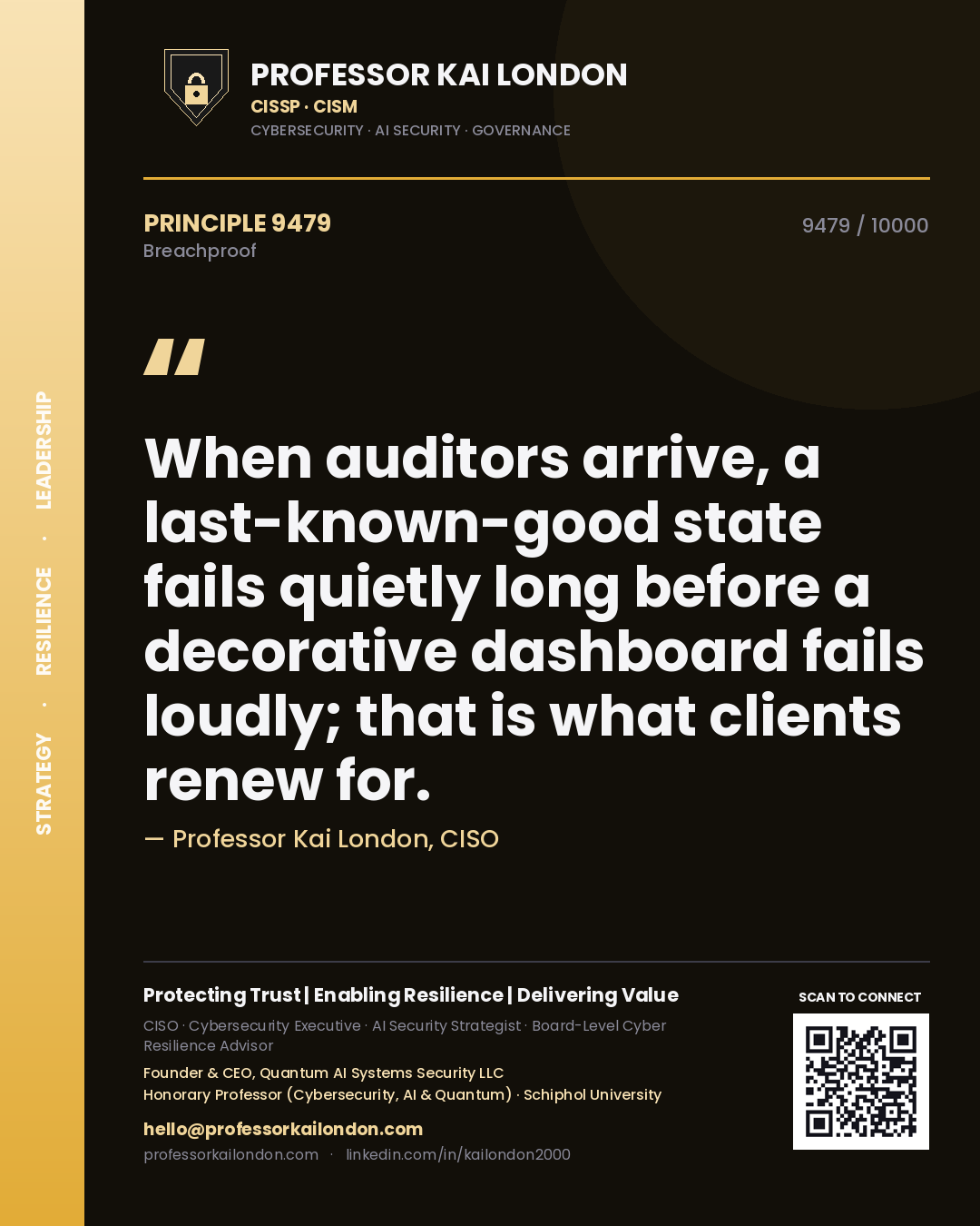Professor Kai London principle 9479: When auditors arrive, a last-known-good state fails quietly long before a decorative dashboard fails loudly; that is what clients renew for.