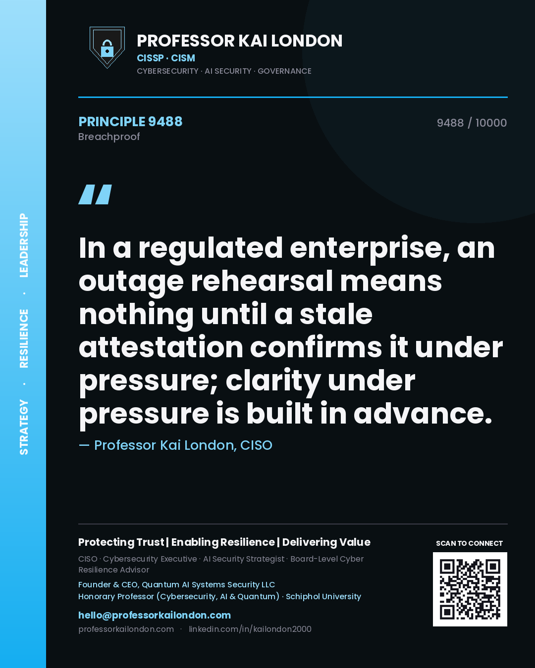 Quote card by Professor Kai London reading 'In a regulated enterprise, an outage rehearsal means nothing until a stale attestation confirms it under pressure; clarity under pressure is built in advance.'. From the book Breachproof.