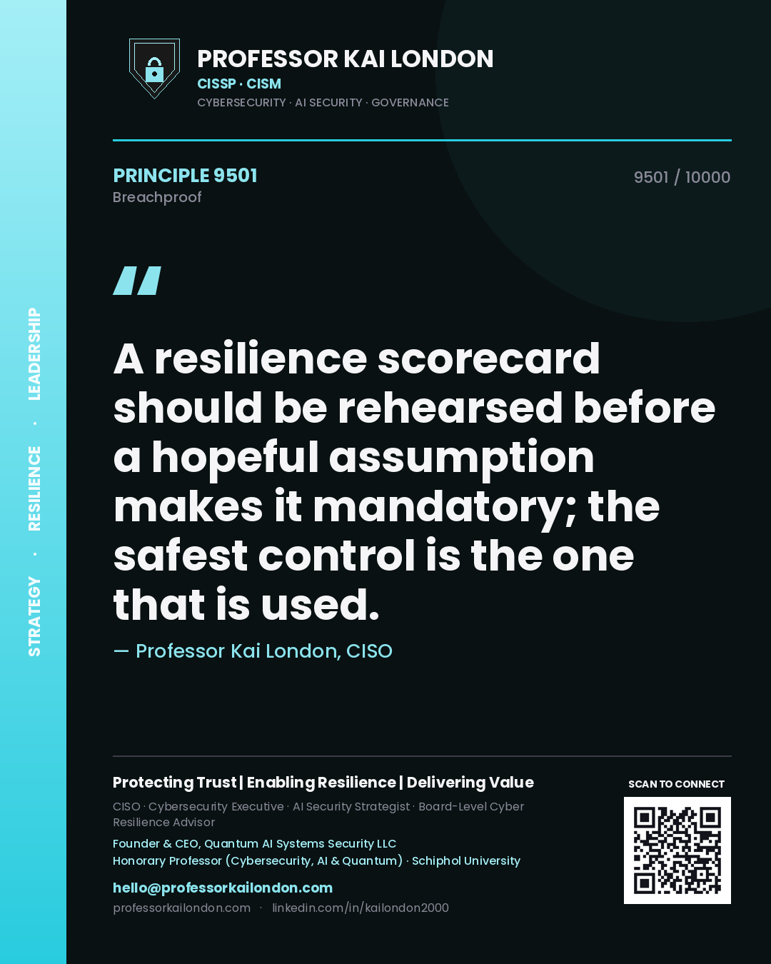Quote card by Professor Kai London reading 'A resilience scorecard should be rehearsed before a hopeful assumption makes it mandatory; the safest control is the one that is used.'. From the book Breachproof.