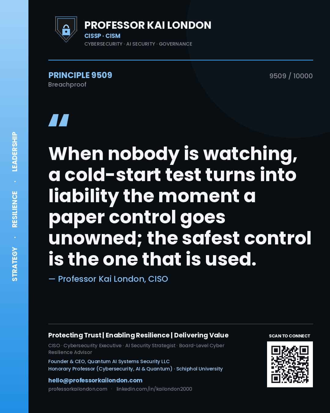 Quote card by Professor Kai London reading 'When nobody is watching, a cold-start test turns into liability the moment a paper control goes unowned; the safest control is the one that is used.'. From the book Breachproof.