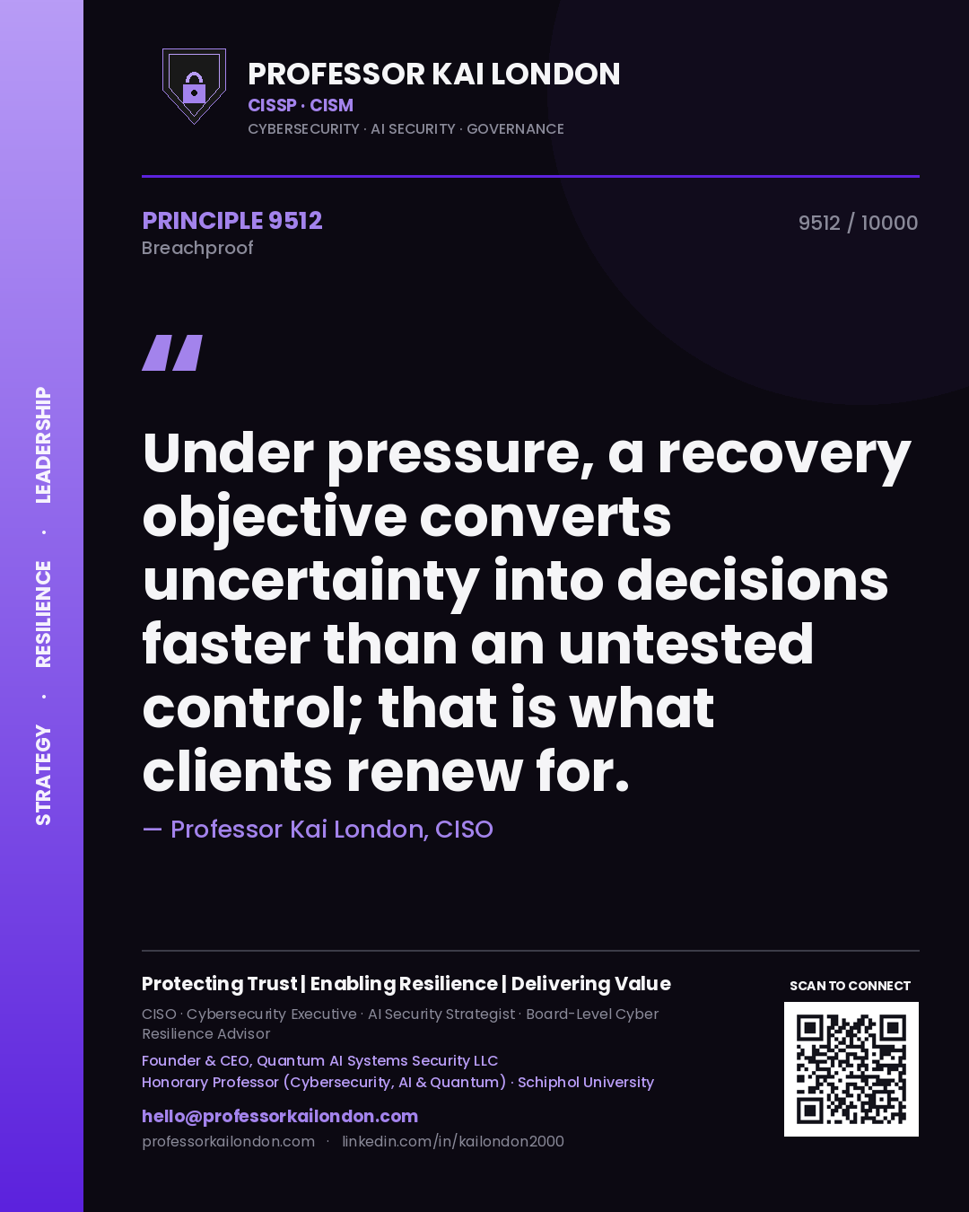 Quote card by Professor Kai London reading 'Under pressure, a recovery objective converts uncertainty into decisions faster than an untested control; that is what clients renew for.'. From the book Breachproof.