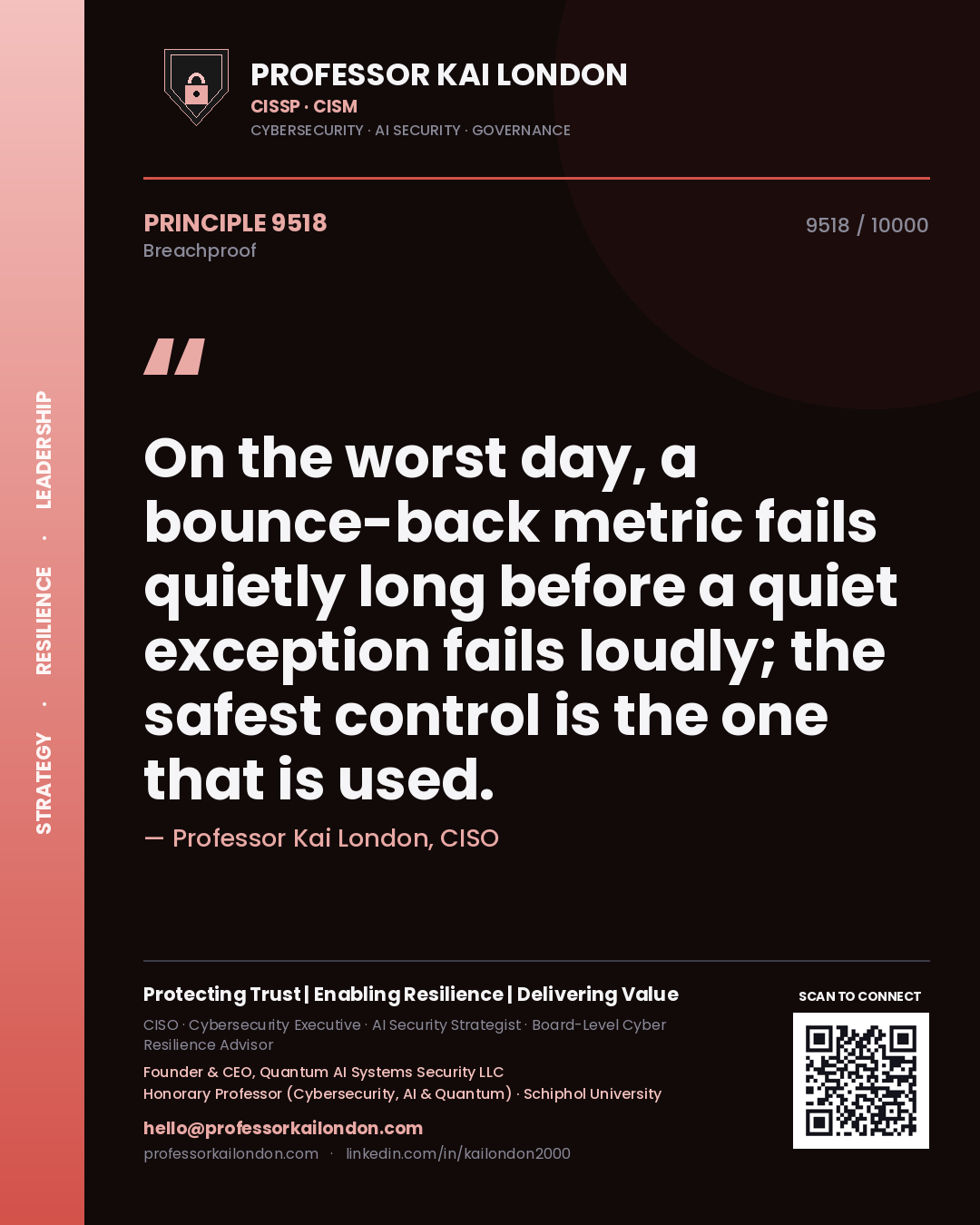Quote card by Professor Kai London reading 'On the worst day, a bounce-back metric fails quietly long before a quiet exception fails loudly; the safest control is the one that is used.'. From the book Breachproof.