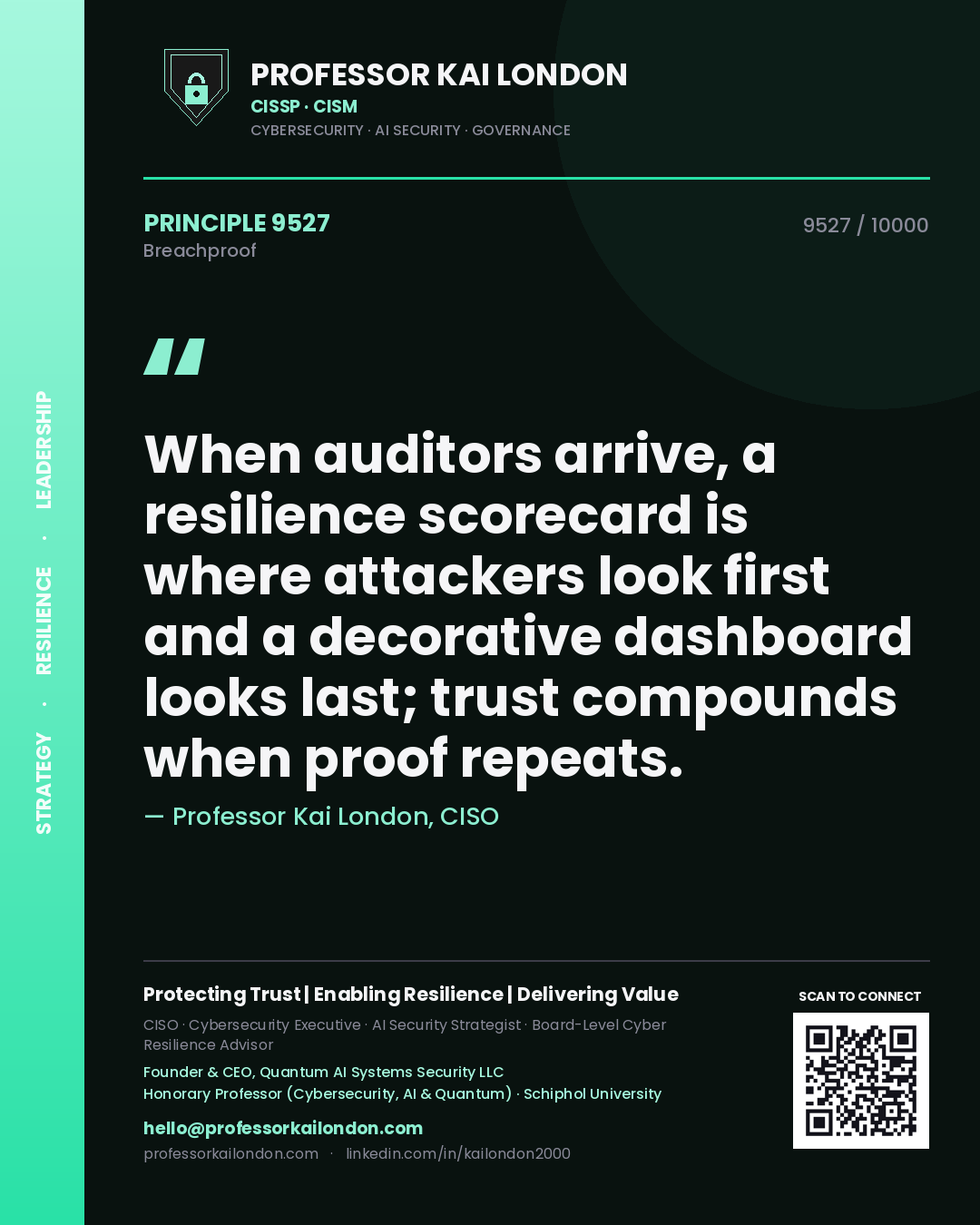 Quote card by Professor Kai London reading 'When auditors arrive, a resilience scorecard is where attackers look first and a decorative dashboard looks last; trust compounds when proof repeats.'. From the book Breachproof.